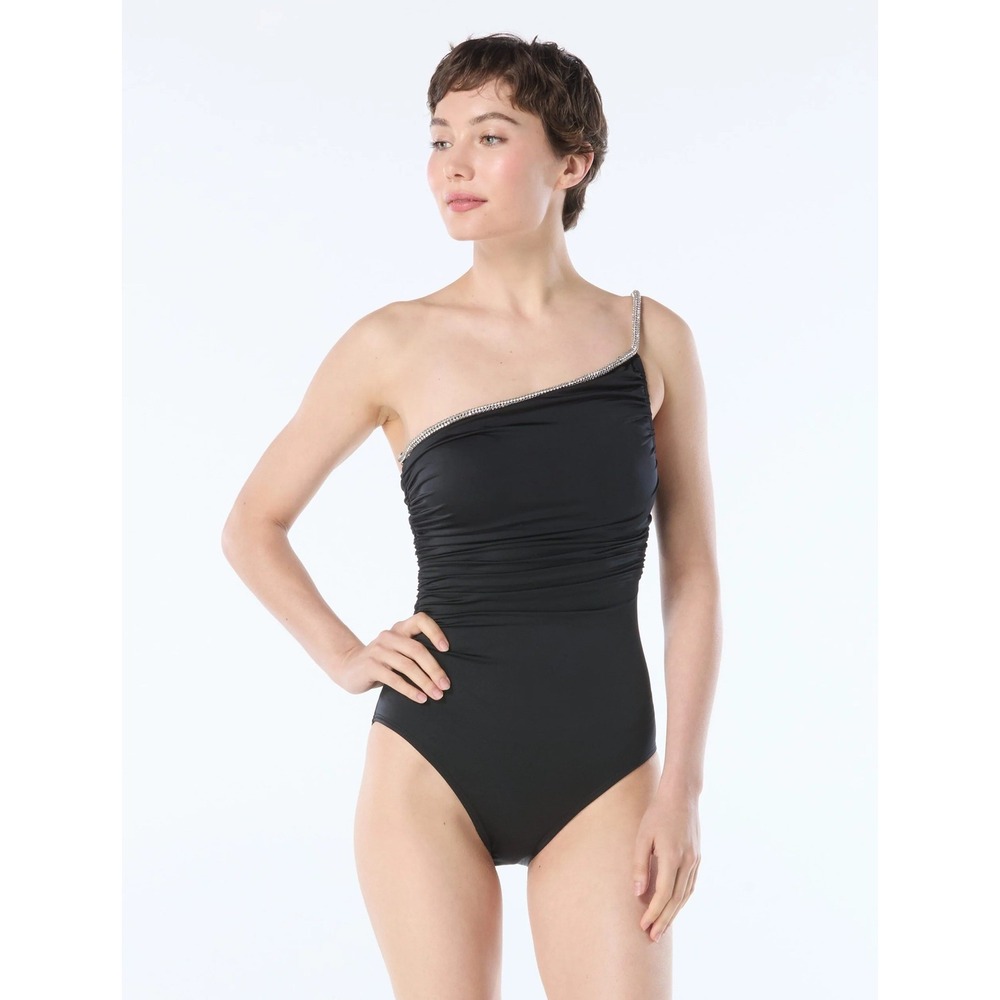 NWT Carmen Marc Valvo Black One Shoulder Rhinestone Ruched One Piece Swimsuit‎ 4